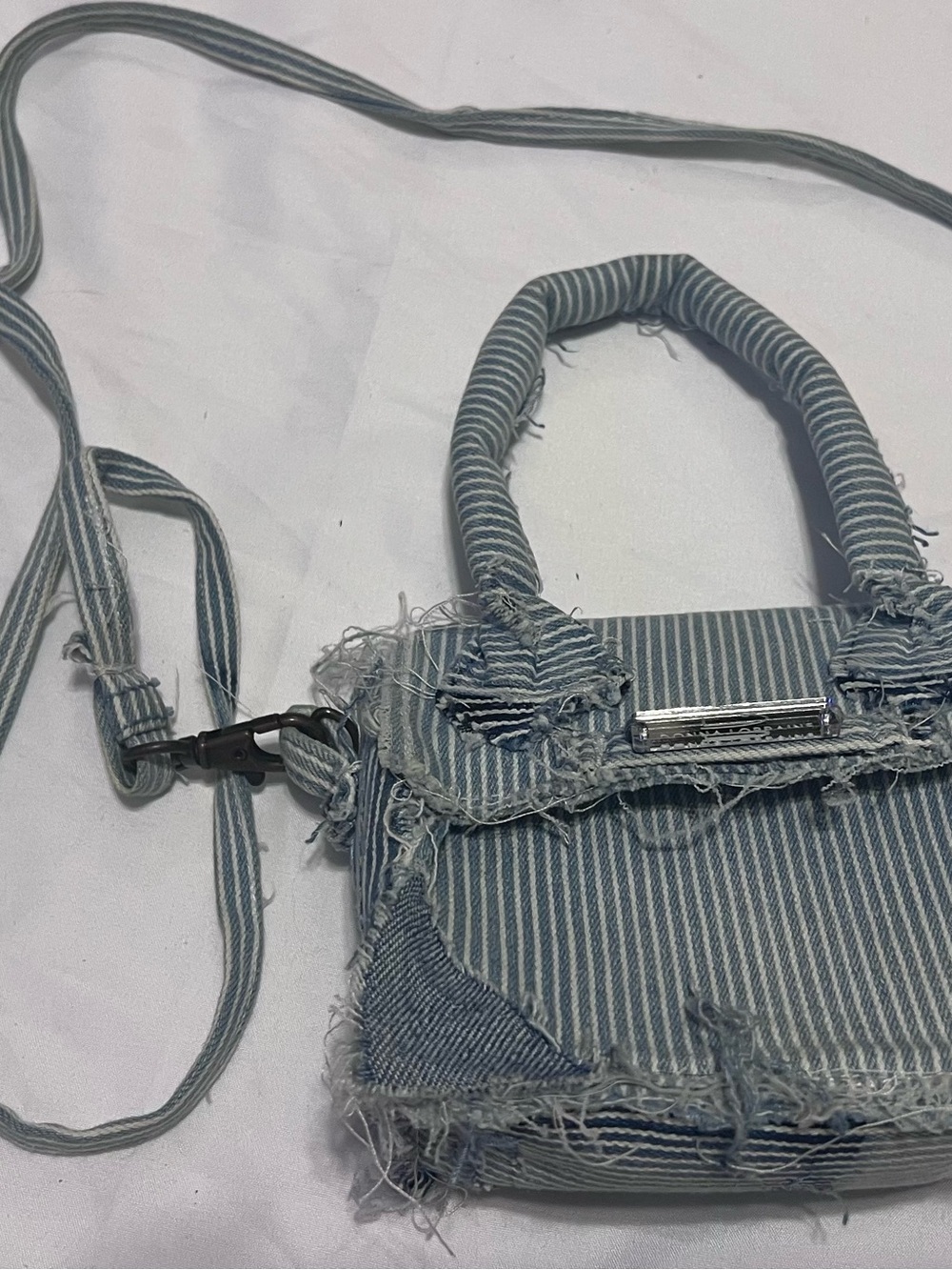 Striped Light denim Blue Mini Handbag with Top Handle